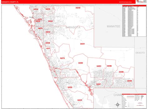 Sarasota County Fl Zip Code Wall Map Red Line Style By Marketmaps