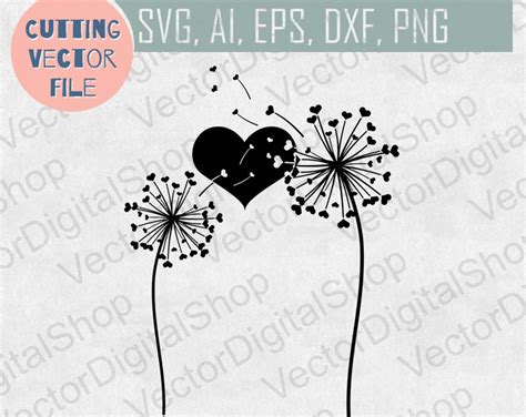 Dandelion Svg Dandelion With Hearts Vector Design Svg For Etsy