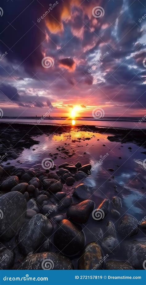 Beautiful Cloudy Sunset Over The Rocky Sea Shore At Evening Stock