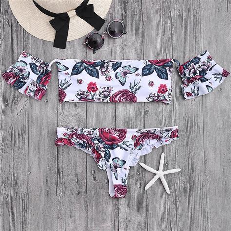 Zaful 2019 New Bikinis Floral Off The Shoulder Bikini Set Sexy Low