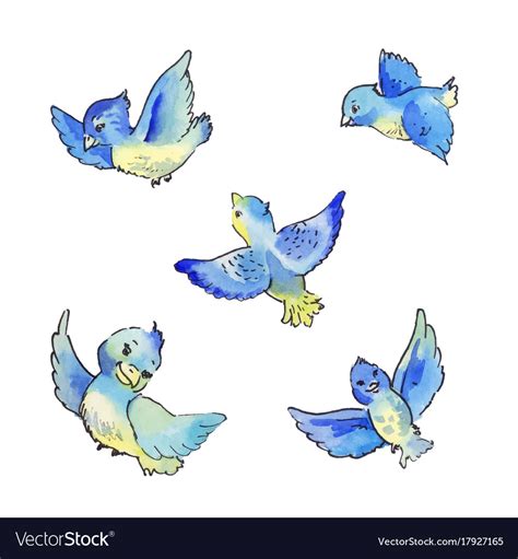 Set Of Flying Blue Birds Watercolor Royalty Free Vector