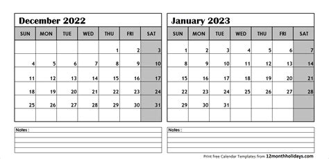 Print December 2022 January 2023 Calendar Template 2 Month Calendar