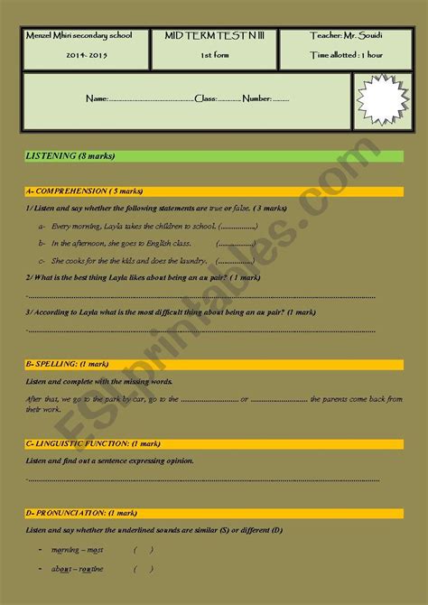 Mid Term Test N 3 For 1st Form Esl Worksheet By T1975