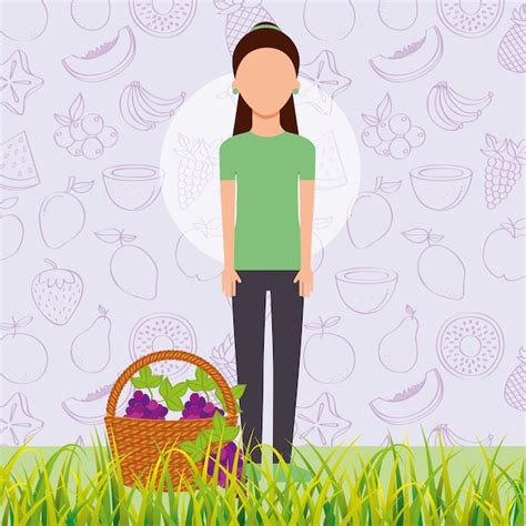 Premium Vector Woman With Basket Full Grapes In The Grass