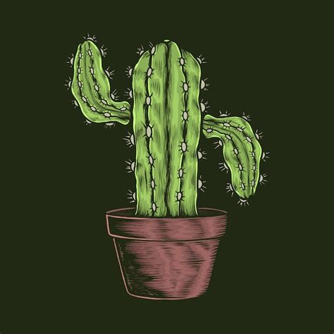 Hand Drawing Vintage Cactus Pot Illustration Premium Vector
