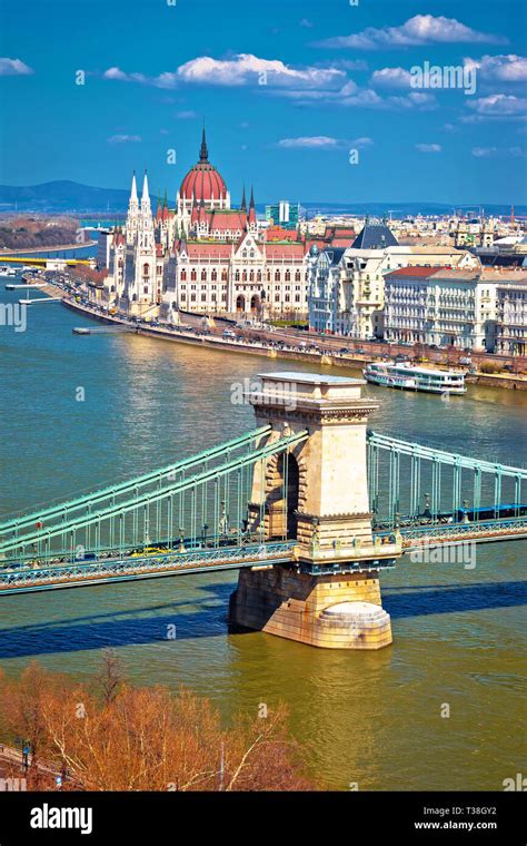 Budapest Danube River Waterfront Chain Bridge And Parliament Building