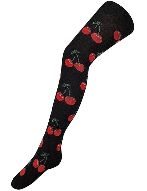 Black Over The Knee Socks Long Thigh High With Red Cherries Kiss Tights