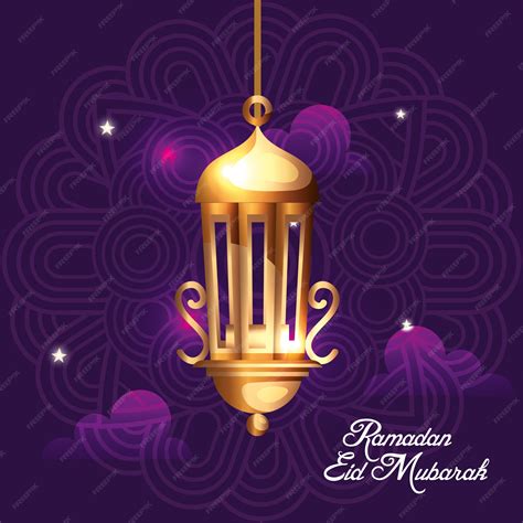 Ramadán Eid Mubarak Con Decoración Colgante De Linterna Dorada Vector