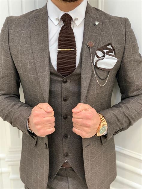 Buy Brown Slim Fit Plaid Suit By With Free Shipping