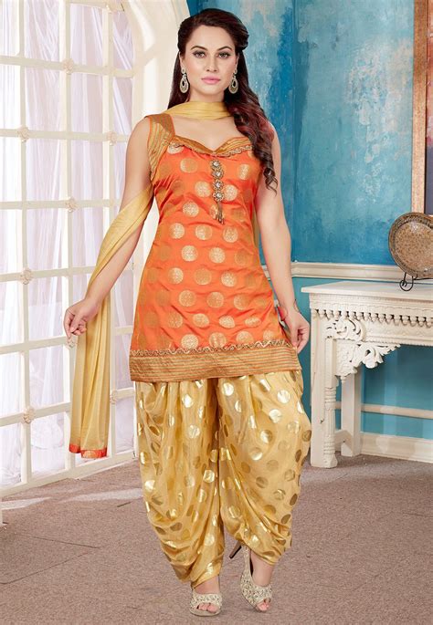 Embroidered Brocade Silk Punjabi Suit In Orange Indian Fashion
