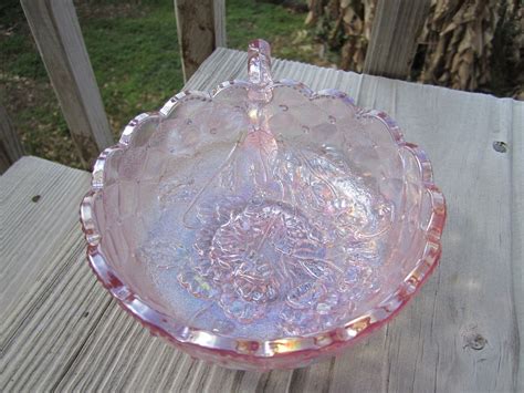Vintage Imperial Pink Carnival Glass Nappy Bowl Pansy Quilted