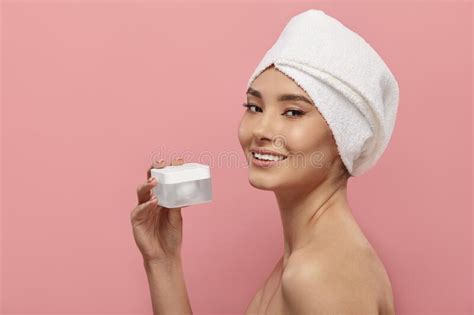 Naked Girl After Shower Holding Cream Jar Mockup Stock Image Image