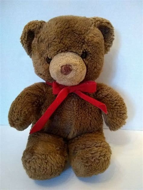 Vintage Gund Brown Teddy Bear Red Velvet Bow 13 Christmas Holiday Worn