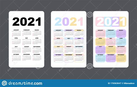 Calendario 2021 Conjunto Colorido La Semana Comienza El Domingo Cuadrícula Básica Calendario