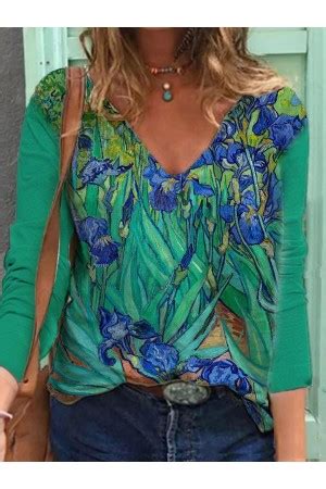 Green Floral Printed V Neck Long Sleeve Tshirt Azzlee