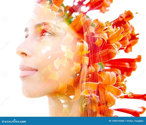 Double Exposure Profile Of A Natural Beauty With Lush Orange Flowers