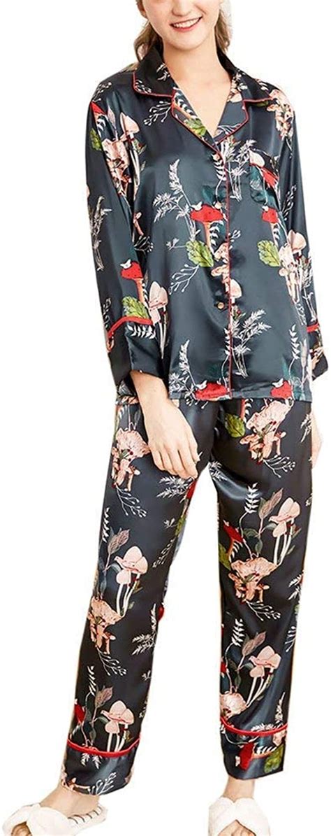 Schlafanzug Damen Komfortabel Gedrucktes Muster Lang Satin Pyjamas Sets