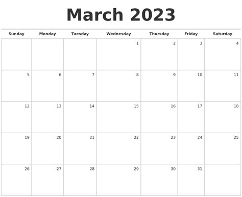 March 2023 Blank Monthly Calendar