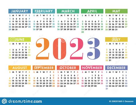 Calendar 2023 English Colorful Vector Horizontal Wall Or Pocket