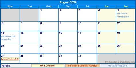 August 2029 Uk Calendar With Holidays For Printing Image Format