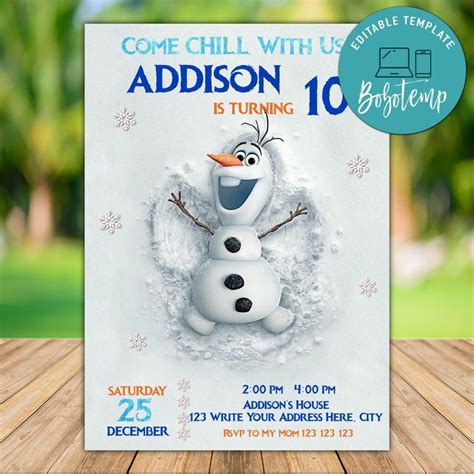 Printable Disney Frozen Olaf Birthday Invitation Instant Download