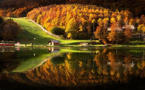 Nature Landscape Lake House Cabin Mountain Forest Fall Water Reflection Grass Trees