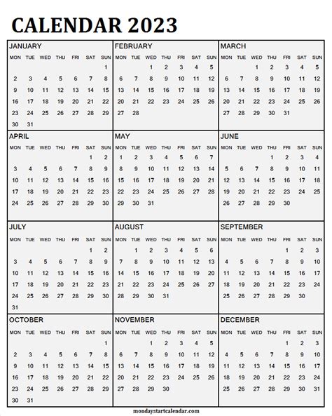 Monday Start 2023 Calendar Excel One Page Calendar Printable Free