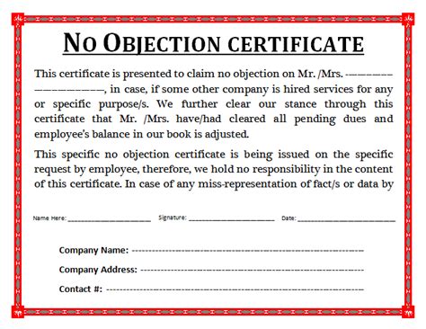 No Objection Certificate Template Free Word Templates