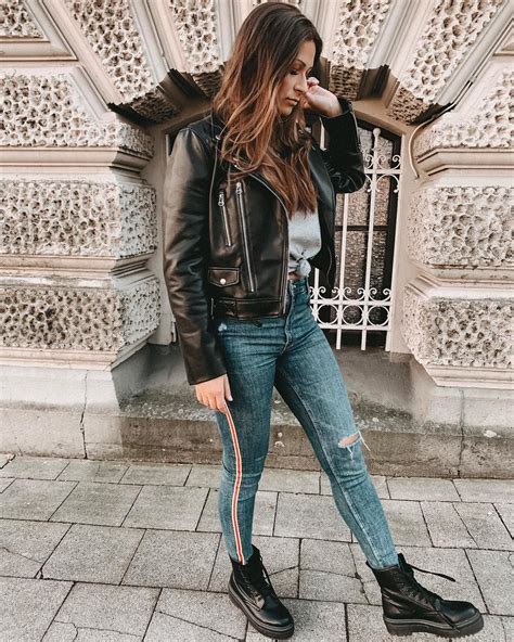 Woman In Leather Jacket Jeans And Dr Martens Doc Martens