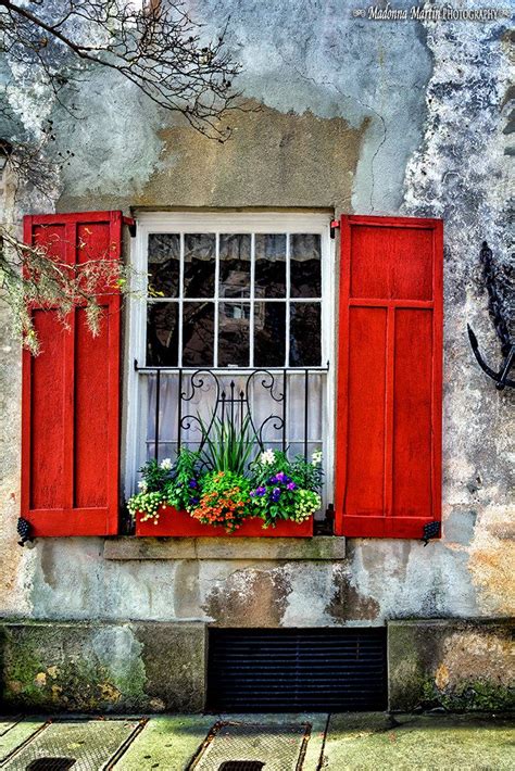 Rustic House With Red Window Box And Shutters Rustic Shutters Red