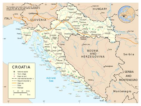 Croacia comparte fronteras con eslovenia al o, hungría en el n, serbia y montenegro en el e, bosnia y herzegovina en el s y e, y el mar adriático en el o, y tiene una longitud total de fronteras de 8.020. Mapa político grande de Croacia con carreteras, ciudades y ...