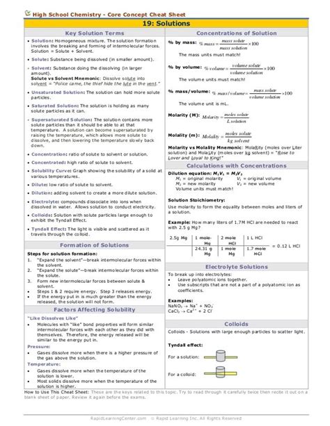 High School Chemistry Core Concept Cheat Sheet 19 Solutions Key