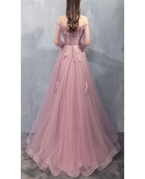Long Tulle Rose Pink Prom Dress Off Shoulder With Appliques Dm69040