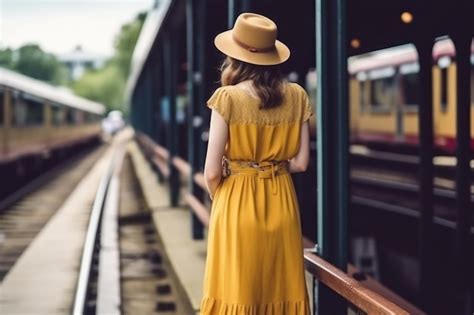 Premium Ai Image Woman On Railway Station Wait For Arrival Of A Passenger Train Train Travel