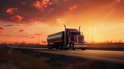 Sunset Background Banner Semi Truck Driving In A 3d Rendered Scene