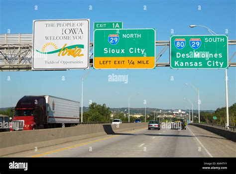 Welcome To Iowa Sign On Interstate 80 Freeway Leaving Nebraska Stock