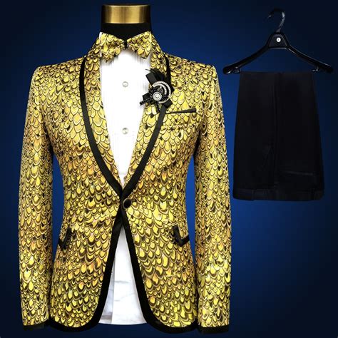 New Brand Fashion Men Suits Gold Silver Yellow Blazer Slim Wedding Suit