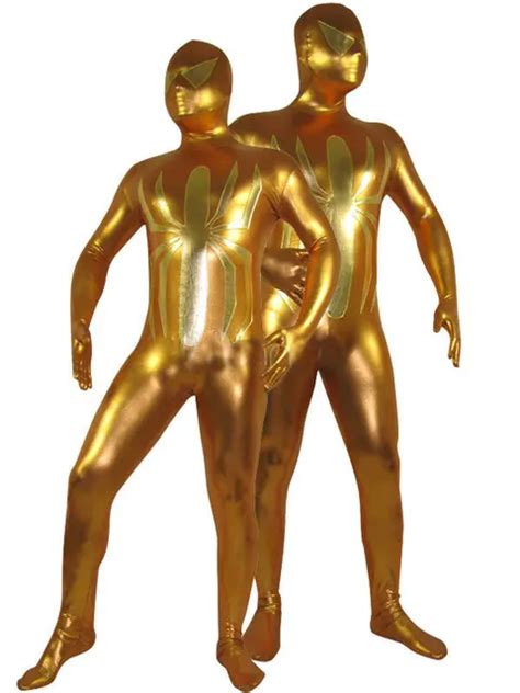 golden spiderman costume shiny metallic zentai full body halloween bodysuit in movie and tv