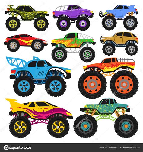 monster truck vector cartoon vehicle or car and extreme transport illustration set of heavy