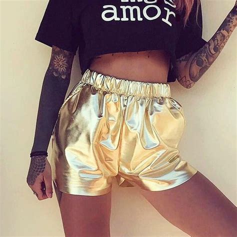 Womens Gold Metallic Fashion Shorts Feminino Roupas Looks