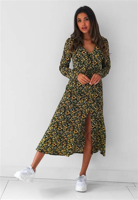 Tall Yellow Floral Long Sleeve Midi Dress Missguided