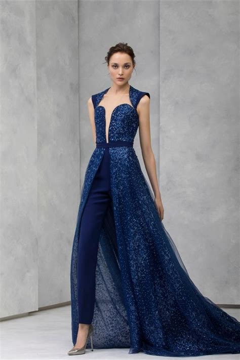 2020 Navy Evening Jumpsuit With Detachable Skirt Lace Sequined Beaded