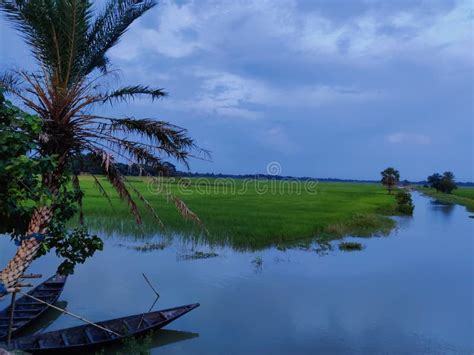 The Beautiful Scenery In The Village Of Bangladesh Including Boat Stock