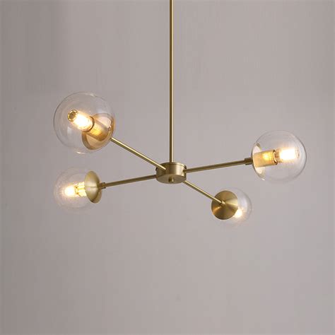 Mid Century Modern 4 Light Sputnik Chandelier In Brass With Clear Glass