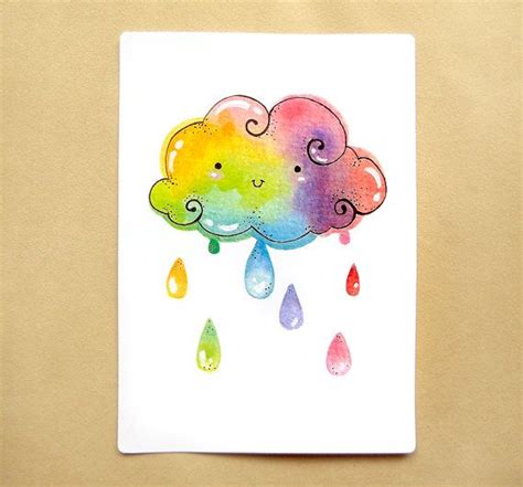 Rainbow Cloud Raindrops Illustration Print Cute By