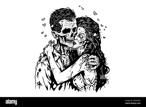 Zombie Love Match Pair Hand Drawn Ink Sketch Woman And Man Zombies