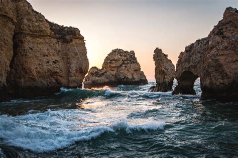 Rock Formation Portugal Lagos Water Sunrise Hd Wallpaper