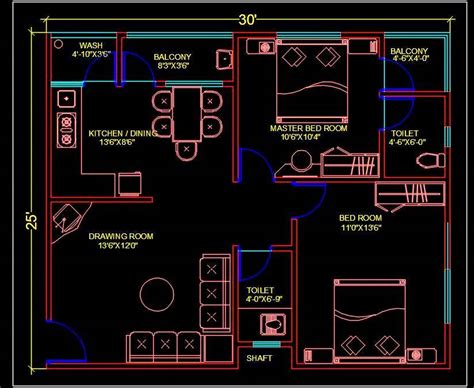 2 Bhk Apartment Autocad House Plan 30x25 Dwg Drawing Download