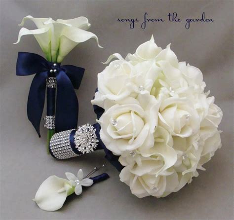 Navy White Bridal Bouquet Toss Bouquet Real Touch Roses Calla Lily Silk