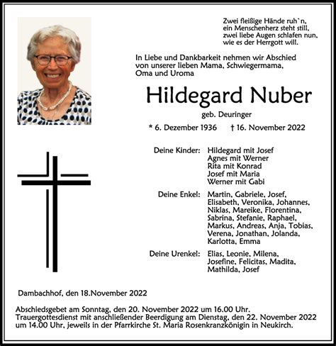 Traueranzeigen Von Hildegard Nuber Schwaebische De Trauerportal My